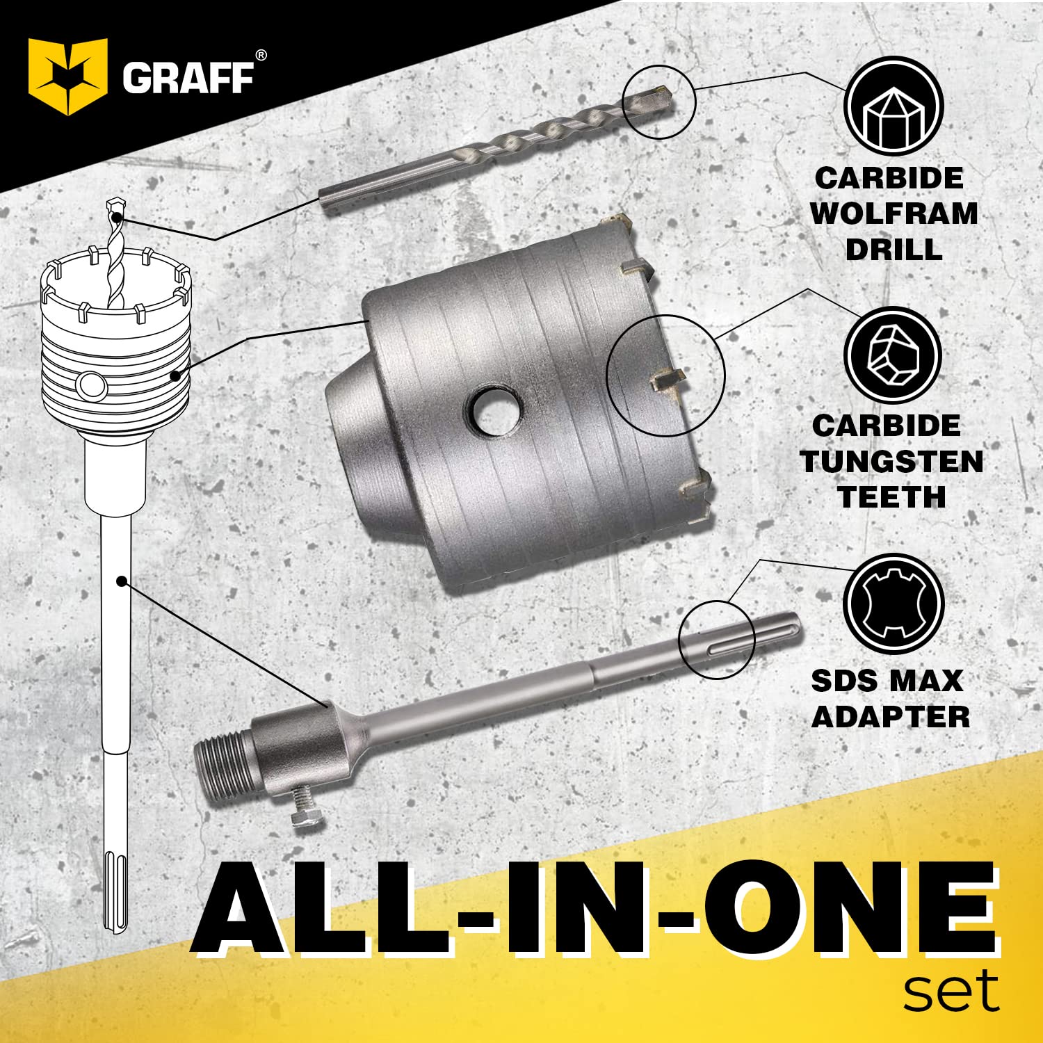 2-5/8 Inch SDS Max Rotary Hammer Core Bit - Core Drill Bit for Concrete, Masonry, Cement, Silicate Brick - Concrete Hole Saw with SDS Max Shank 20'' (500mm) and Center Drill GRAFF - Image 4