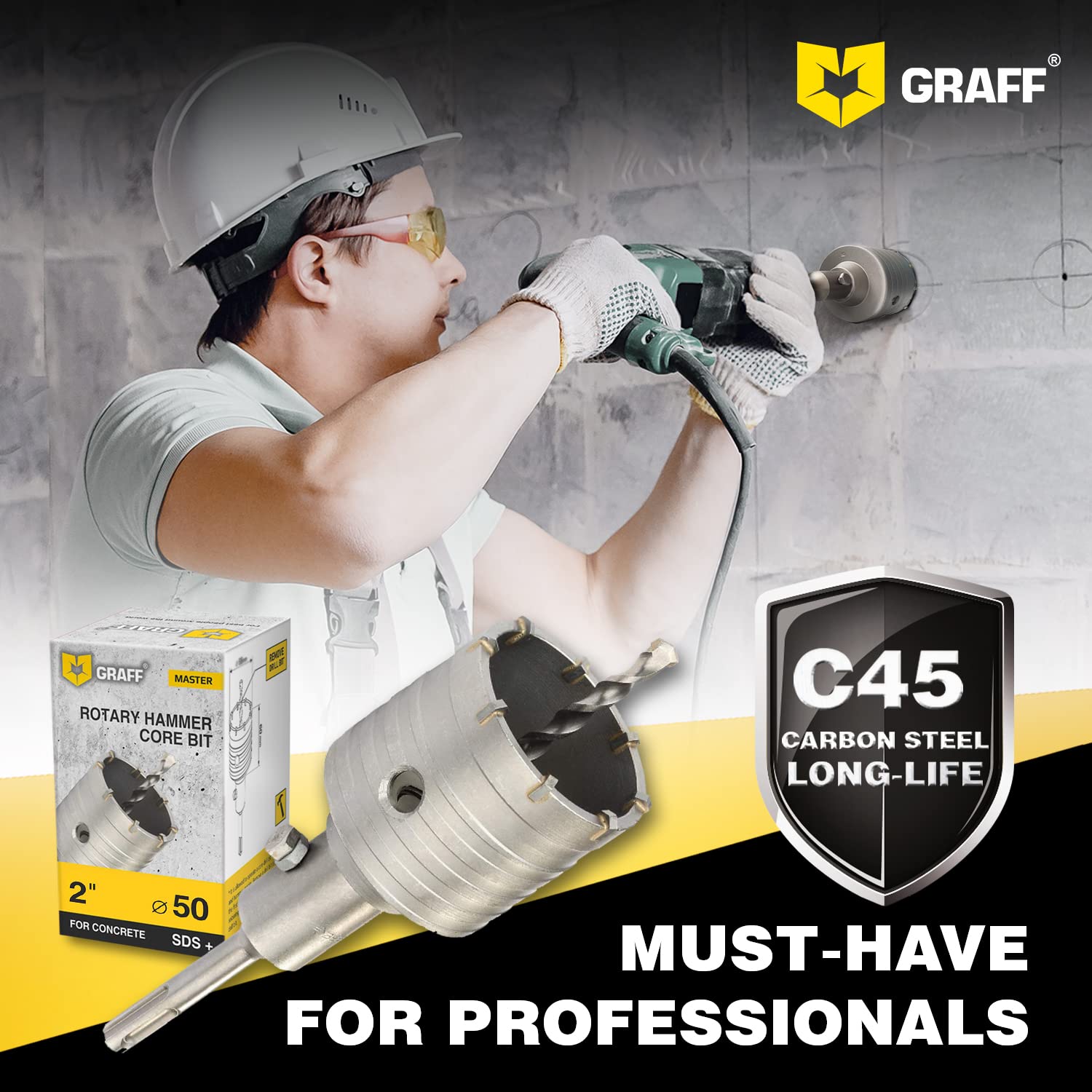 2 Inch Rotary Hammer Core Bit - SDS Plus Core Drill Bit for Concrete, Masonry, Cement, Silicate Brick - 50 mm Carbide Hole Saw with SDS Shank and Center Drill GRAFF - Image 7