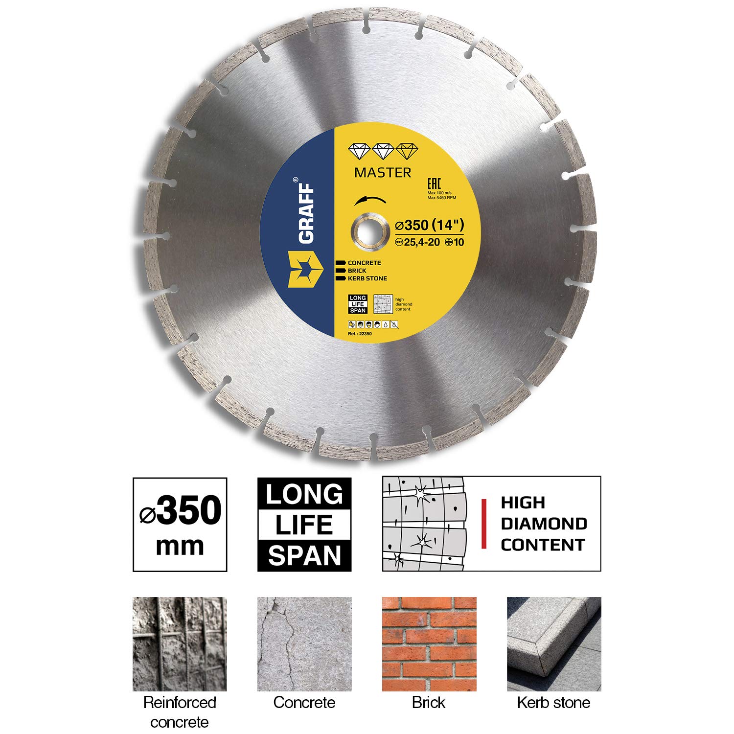 3 PCS Diamond Blade 14 Inch — Professional Diamond Cutting Wheel for Cutting Reinforced Lightweight Concrete, Stone, Granite, Brick, Masonry — Diamond Saw Blade Segment Height 0.394 (10 mm) — GRAFF - Image 4