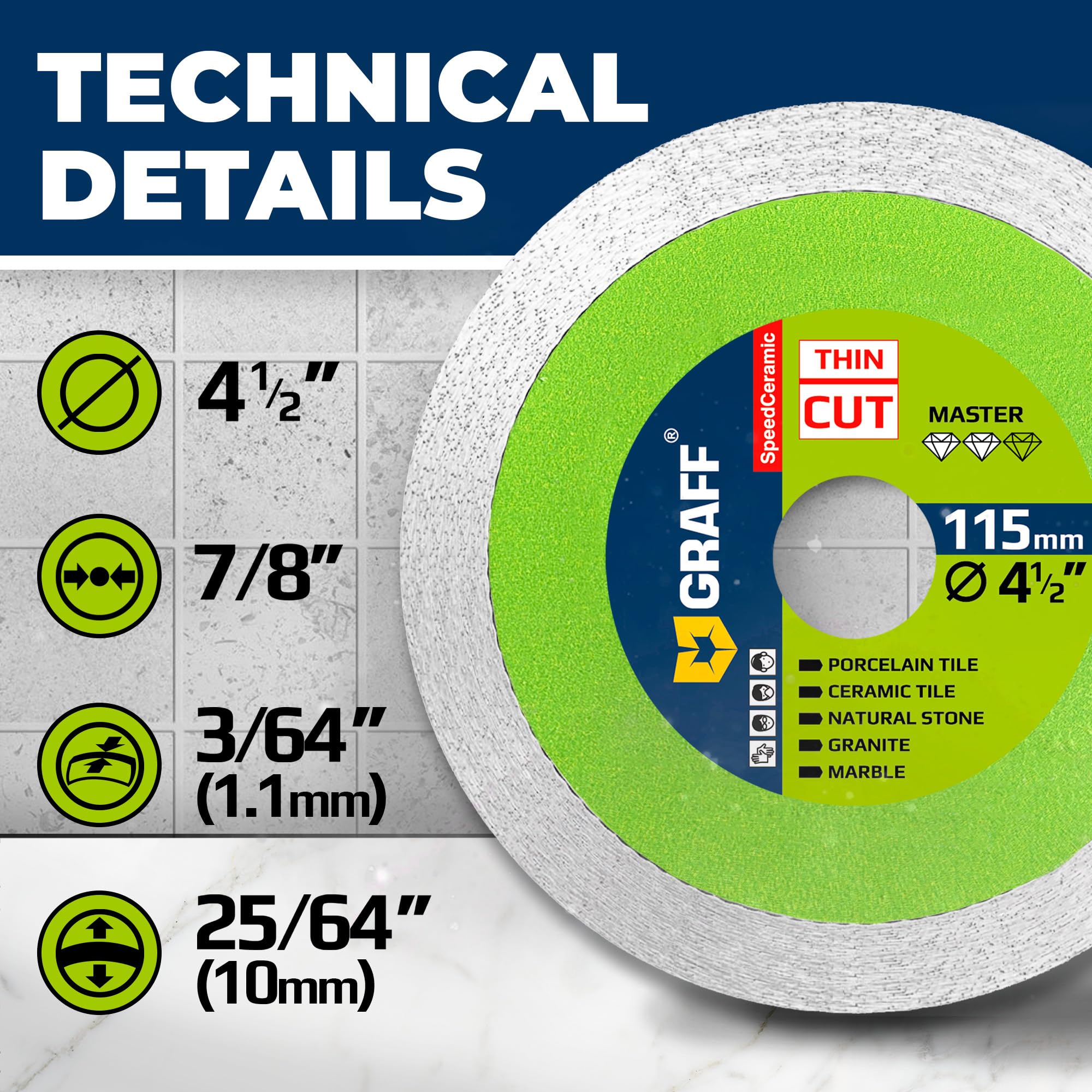4 1/2 Inch Tile Blade for Angle Grinder 7/8 Arbor – Super Thin SpeedCeramic Diamond Saw Blade for Smooth Cutting Porcelain Ceramic Granite Marble Tile – Diamond Cutting Wheel for Hard Tile GRAFF - Image 3