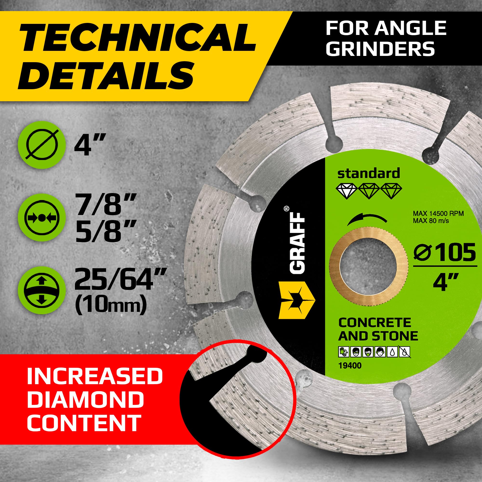 4 Inch Diamond Blade for Angle Grinder Arbor 7/8"-5/8" – Diamond Cutting Wheel for Stone, Marble, Granite, Brick, Masonry, Concrete – Diamond Saw Blades for Dry and Wet Cutting GRAFF - Image 3