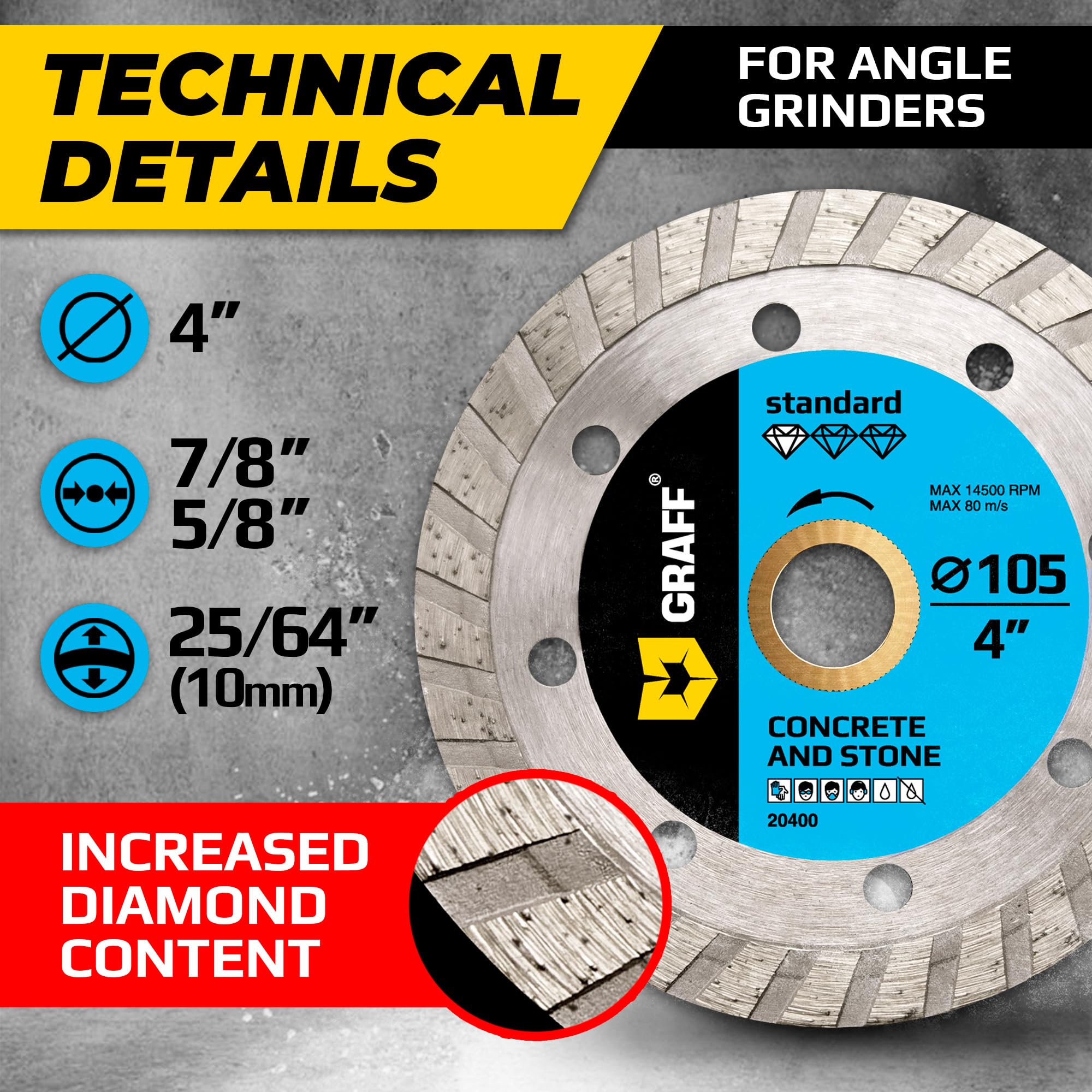 4 Inch Diamond Cutting Wheel for Angle Grinder Arbor 7/8"-5/8" – Turbo Diamond Blade for Stone, Marble, Granite, Brick, Masonry, Concrete – Diamond Saw Blades GRAFF - Image 3
