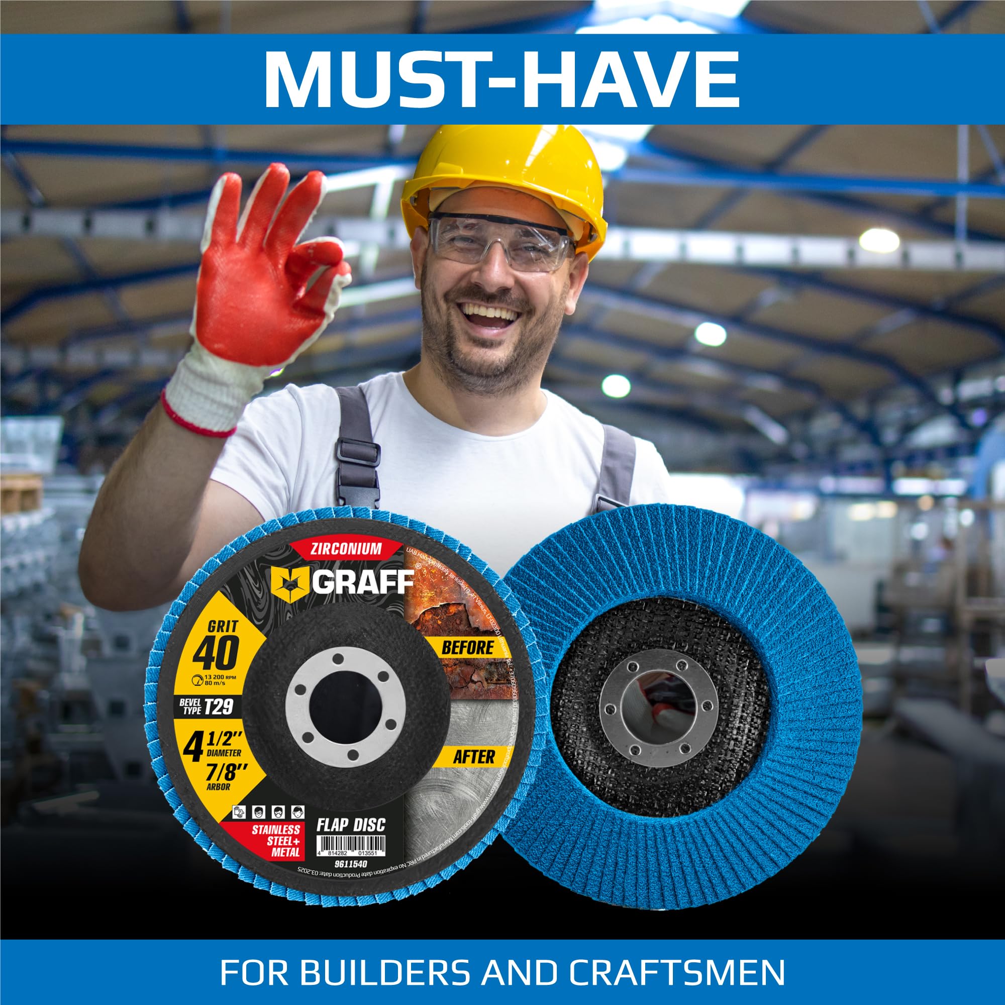 40 Grit Flap Discs 4 1/2 x 7/8-Inch Flap Sanding Disc for Stainless Steel and Sheet Metal - Premium Zirconia Grinding Wheel (10 Pack) GRAFF - Image 7