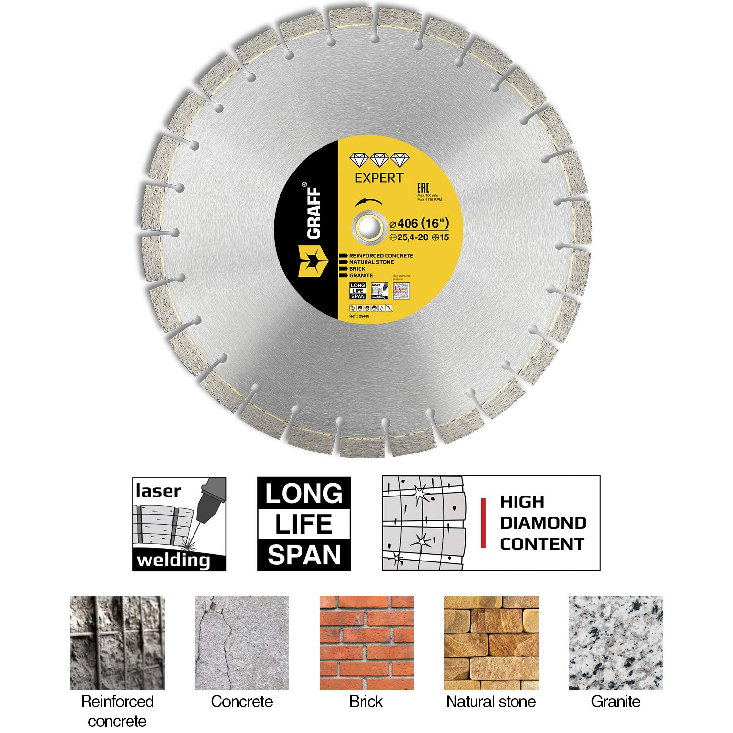 5 PCS Laser Welded Diamond Blade 16 Inch — Diamond Cutting Wheel for Cutting Reinforced Concrete, Stone, Marble, Granite, Brick, Masonry — Diamond Saw Blade Segment Height 0.591 (15 mm) — GRAFF - Image 4
