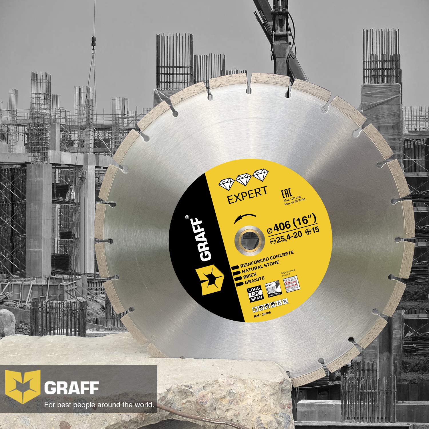 5 PCS Laser Welded Diamond Blade 16 Inch — Diamond Cutting Wheel for Cutting Reinforced Concrete, Stone, Marble, Granite, Brick, Masonry — Diamond Saw Blade Segment Height 0.591 (15 mm) — GRAFF - Image 5