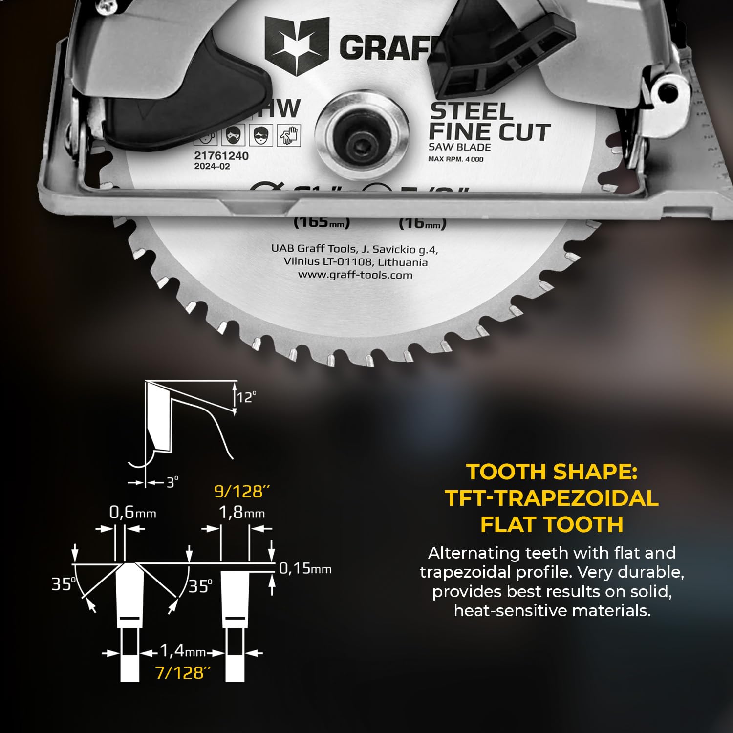 6-1/2" Circular Saw Blade - Chop Saw Blade for Steel & Aluminum - Metal Circular Saw Blade 40T TCT Blade for Circular Table Miter Cordless Saws 5/8 Inch Arbor No Heat Burr Free No Sparks GRAFF - Image 3