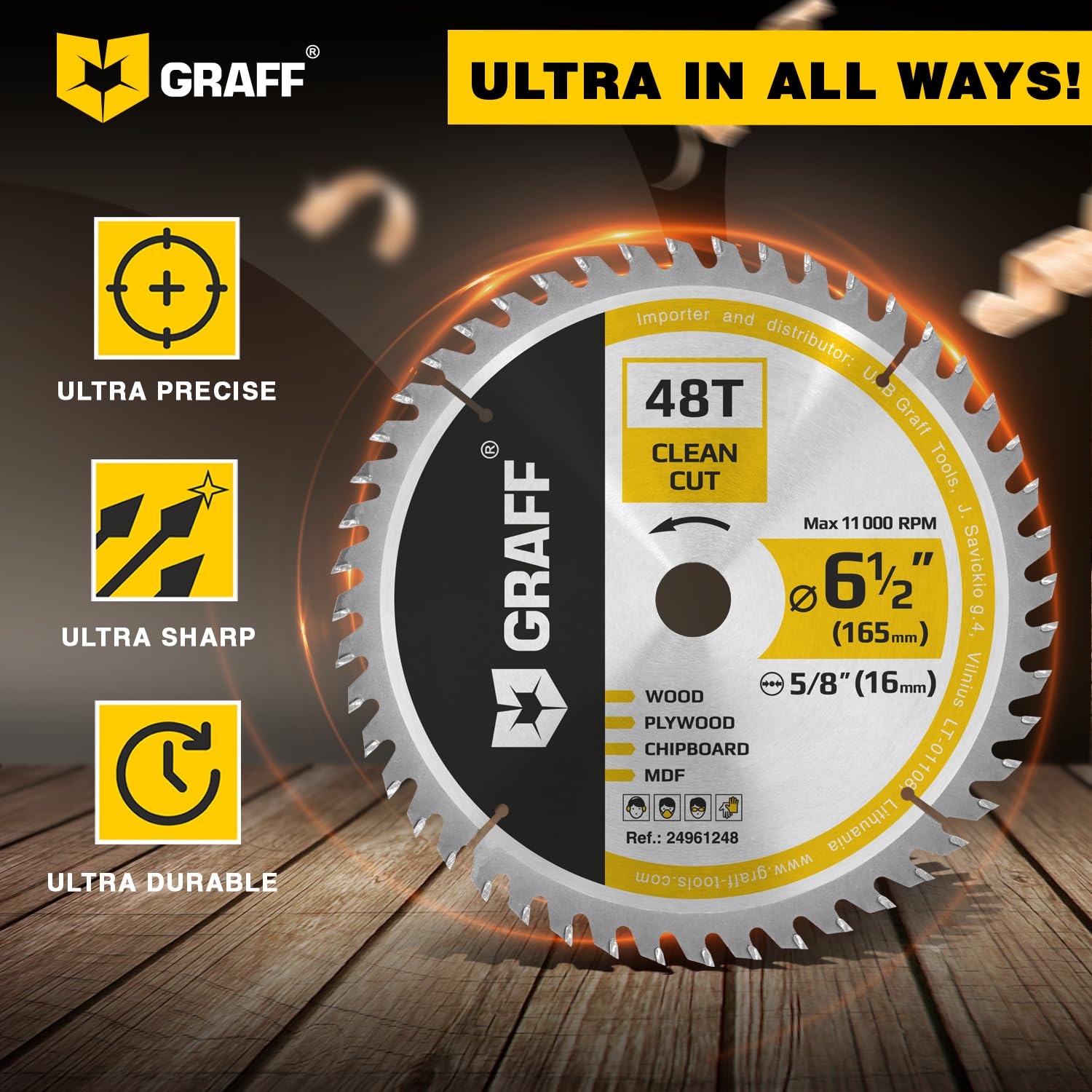 6-1/2" Wood Cutting Circular Saw Blade - Chop Saw Blade for Plywood, MDF, Drywall & Plastic 48T TCT Blade for Circular Table Miter & Cordless Saws 5/8-Inch Arbor Burr-Free No Heat No Sparks GRAFF - Image 4