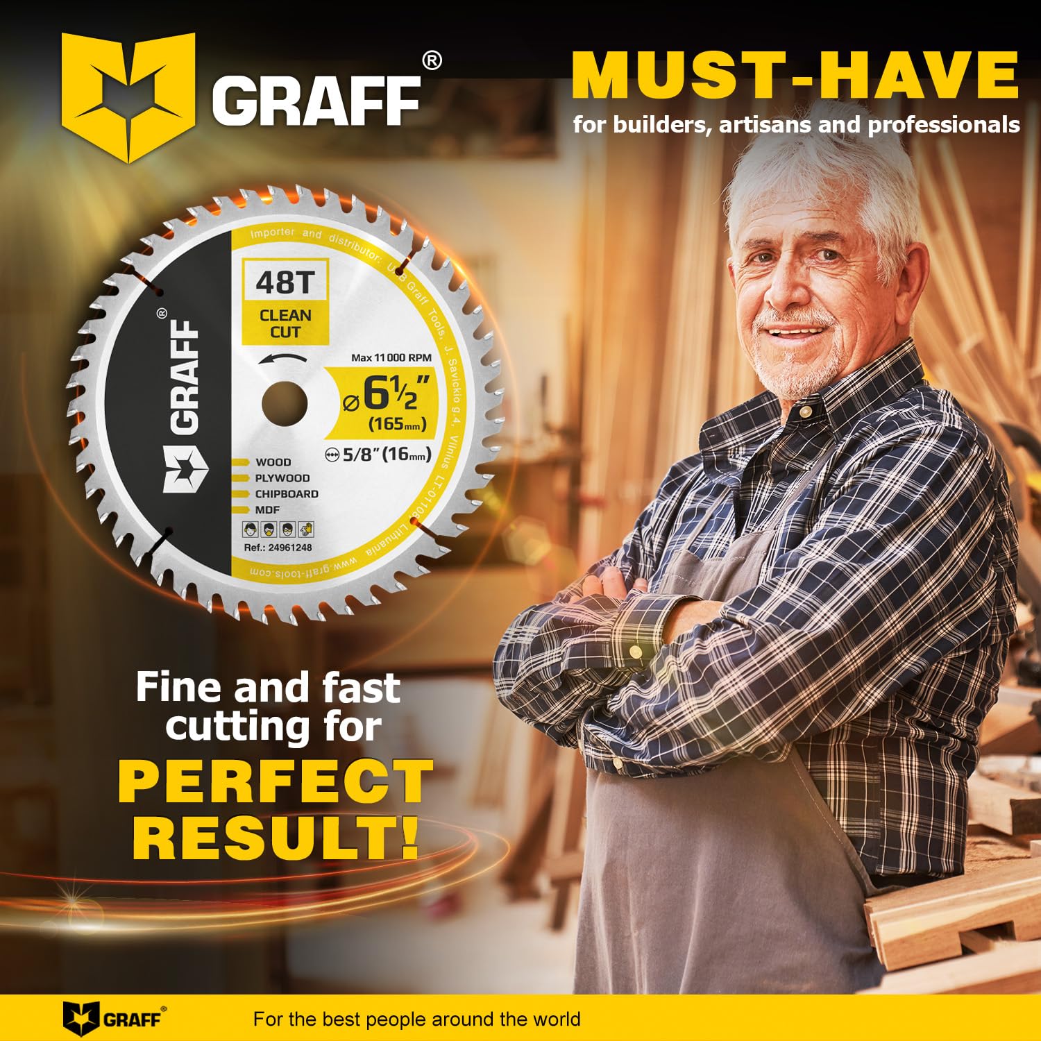 6-1/2" Wood Cutting Circular Saw Blade - Chop Saw Blade for Plywood, MDF, Drywall & Plastic 48T TCT Blade for Circular Table Miter & Cordless Saws 5/8-Inch Arbor Burr-Free No Heat No Sparks GRAFF - Image 5