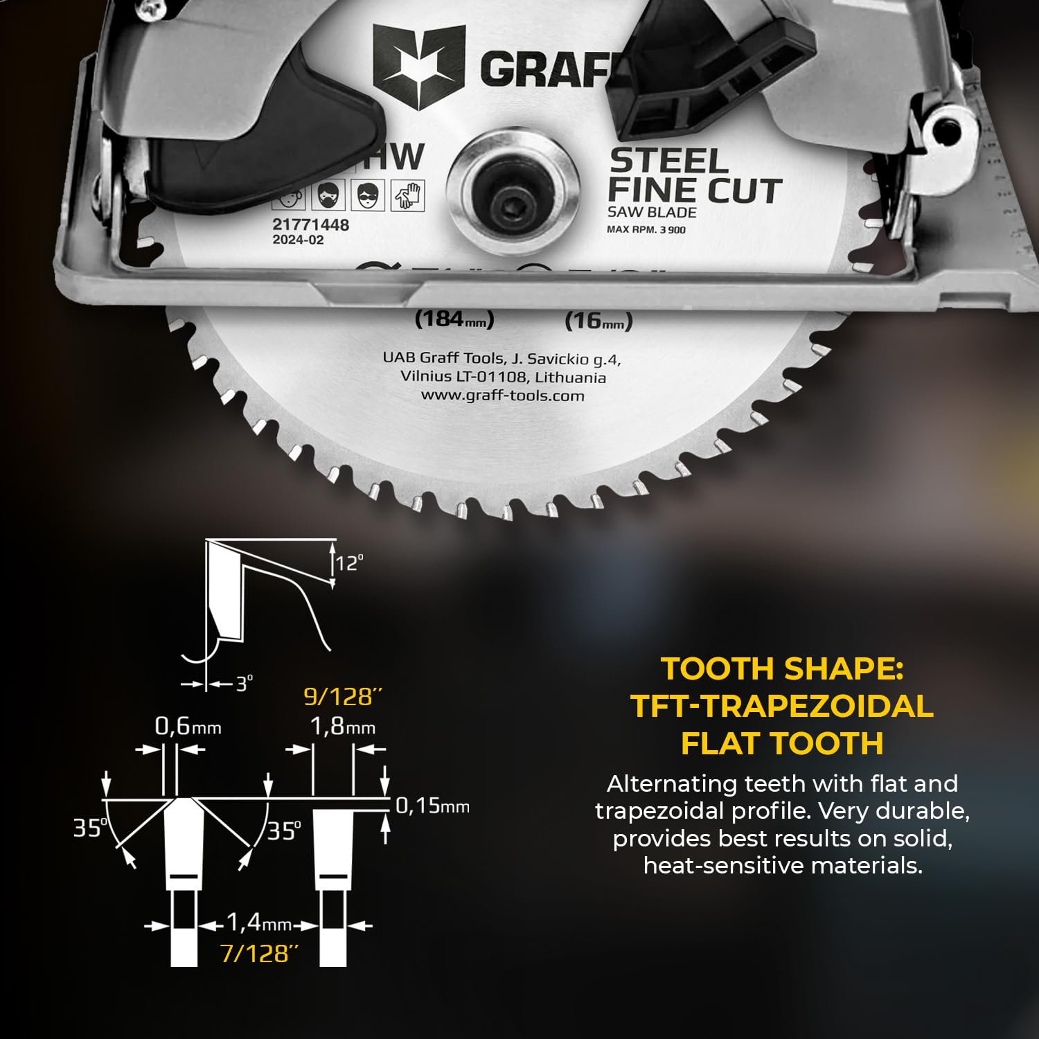 7-1/4" Circular Saw Blade - Chop Saw Blade for Steel & Aluminum - Metal Circular Saw Blade 48T TCT Blade for Circular Table Miter Cordless Saws 5/8 Inch Arbor No Heat Burr Free No Sparks GRAFF - Image 3