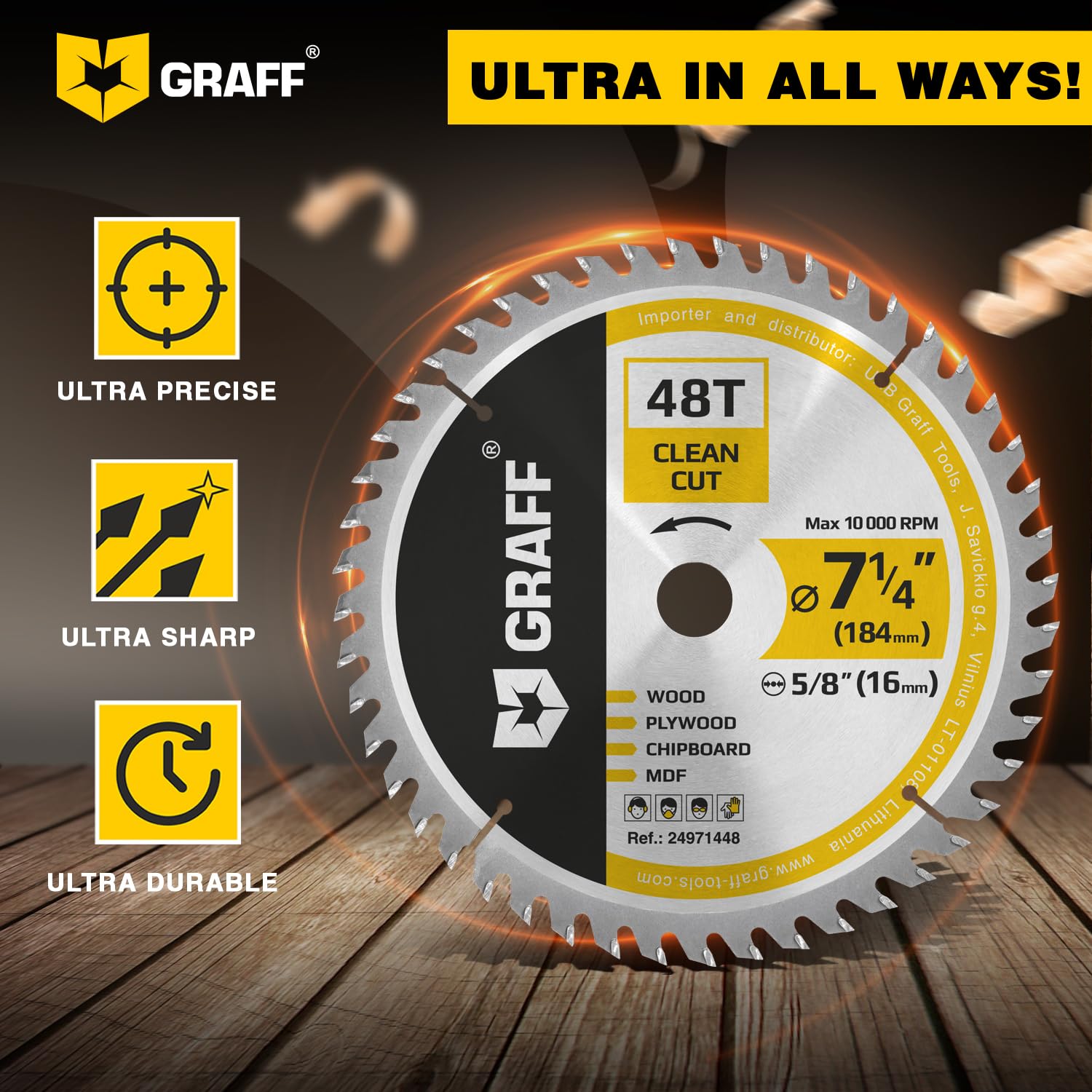 7-1/4" Wood Cutting Circular Saw Blade - Chop Saw Blade for Plywood, MDF, Drywall & Plastic 48T TCT Blade for Circular Table Miter & Cordless Saws 5/8-Inch Arbor Burr-Free No Heat No Sparks GRAFF - Image 4