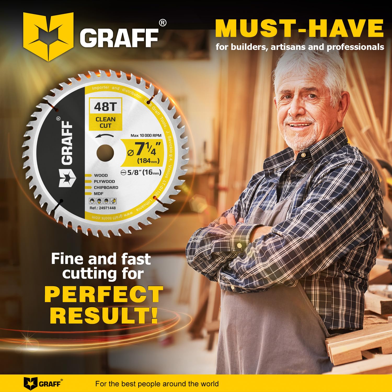 7-1/4" Wood Cutting Circular Saw Blade - Chop Saw Blade for Plywood, MDF, Drywall & Plastic 48T TCT Blade for Circular Table Miter & Cordless Saws 5/8-Inch Arbor Burr-Free No Heat No Sparks GRAFF - Image 5