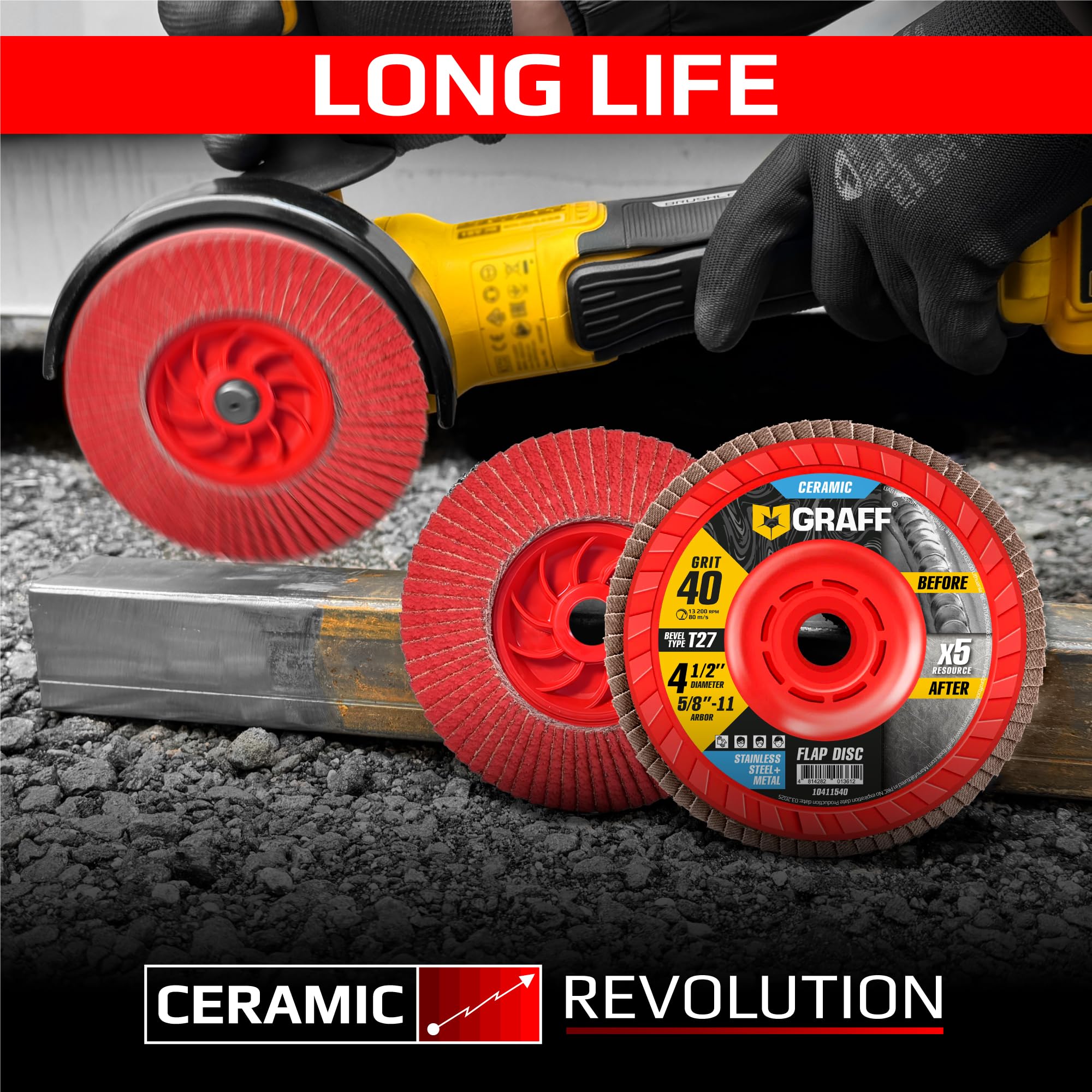 Ceramic Flap Discs 4 1/2 for Angle Grinder - 40 Grit Flap Wheels for Stainless Steel and Sheet Metal - Grinder Sanding Disc 5/8 Arbor (5 Pack) GRAFF - Image 6