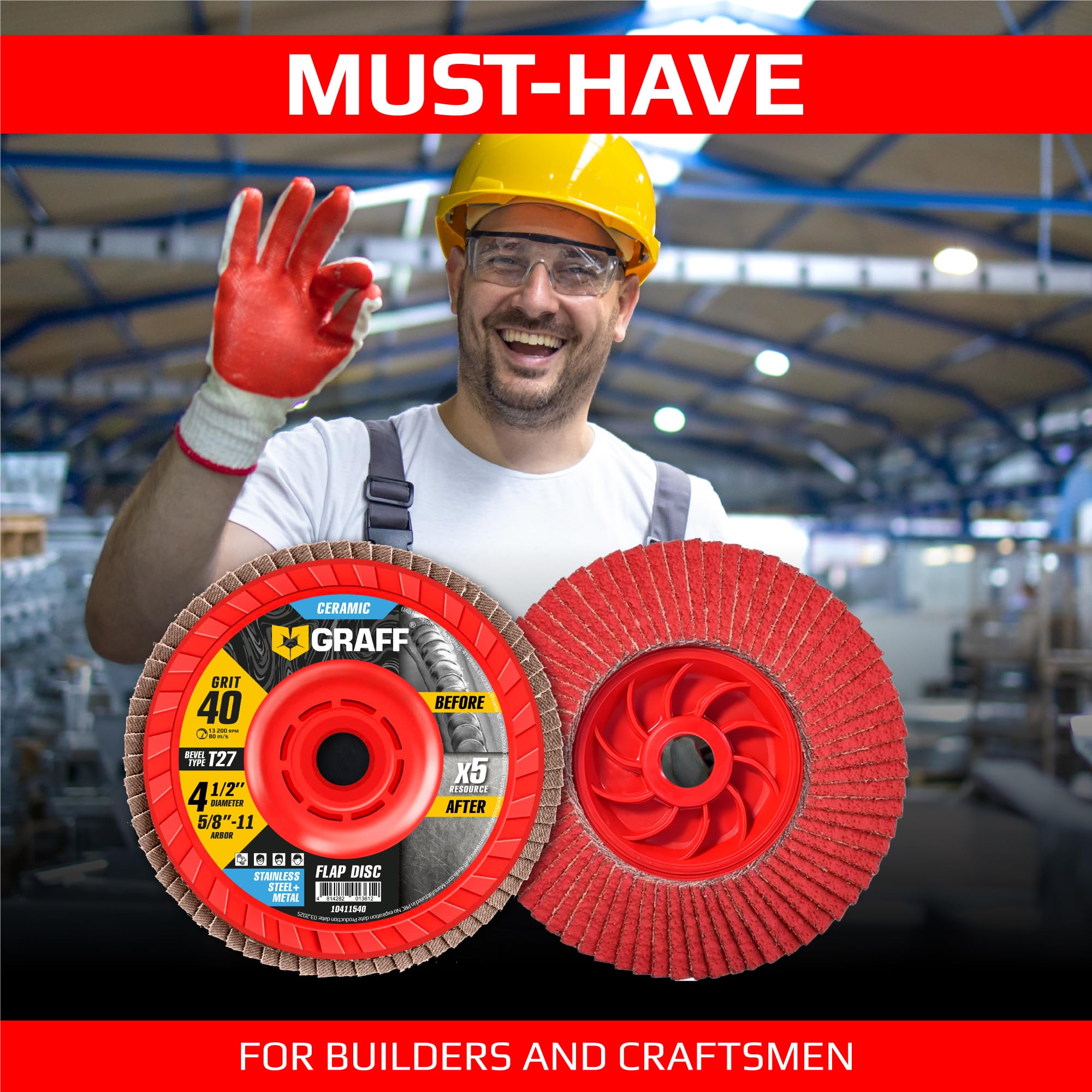 Ceramic Flap Discs 4 1/2 for Angle Grinder - 40 Grit Flap Wheels for Stainless Steel and Sheet Metal - Grinder Sanding Disc 5/8 Arbor (5 Pack) GRAFF - Image 7