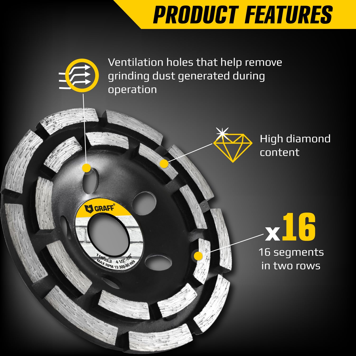 Concrete Grinding Wheel 4 1/2 Inch – Diamond Double Row Grinding Disc for Polishing Concrete, Stone, Paint, Cement, Marble, Granite – Angle Grinder Cup Grinding Wheel 115mm GRAFF - Image 3