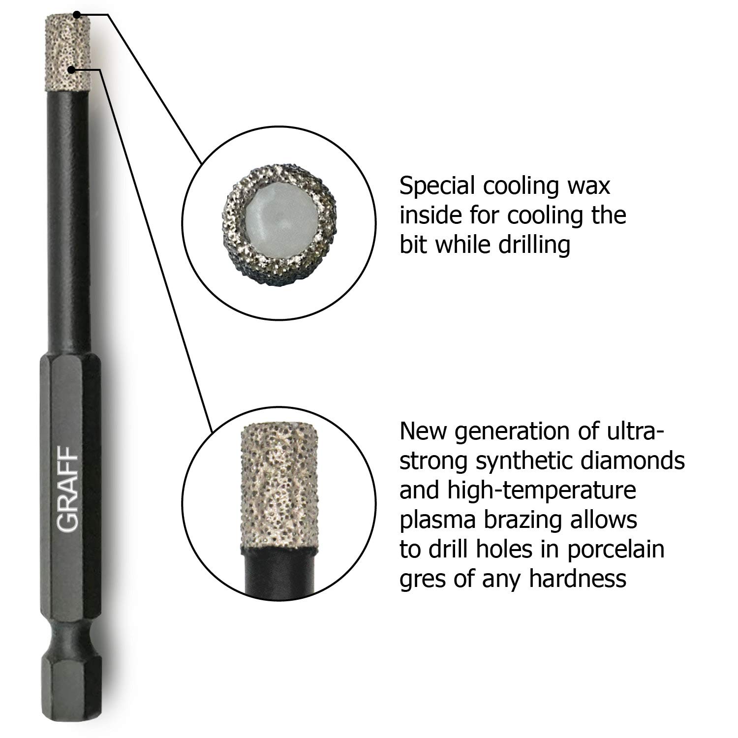 Diamond Drill Bits Set for Tile Porcelain Gres Ceramic 1/4 Inch 5/16 Inch 3/8 Inch with Quick Change Hex Shank – Diamond Tile Bits Set (3Ps) GRAFF - Image 3