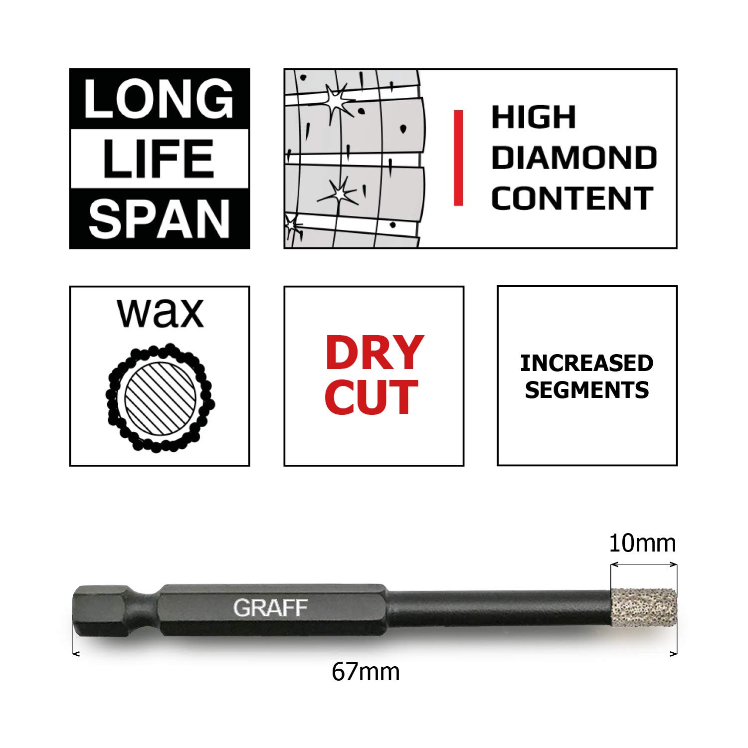 Diamond Drill Bits Set for Tile Porcelain Gres Ceramic 1/4 Inch 5/16 Inch 3/8 Inch with Quick Change Hex Shank – Diamond Tile Bits Set (3Ps) GRAFF - Image 6