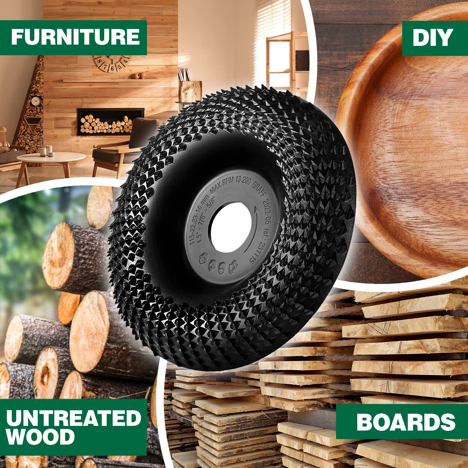 GRAFF Premium Wood Carving Disc 4 1/2 Inch for Angle Grinder – Shaping and Grinding Wheel for Wood, Softwood, Hardwood – Woodworking Angle Grinder Attachment with 7/8" – 5/8" Arbor - Image 6