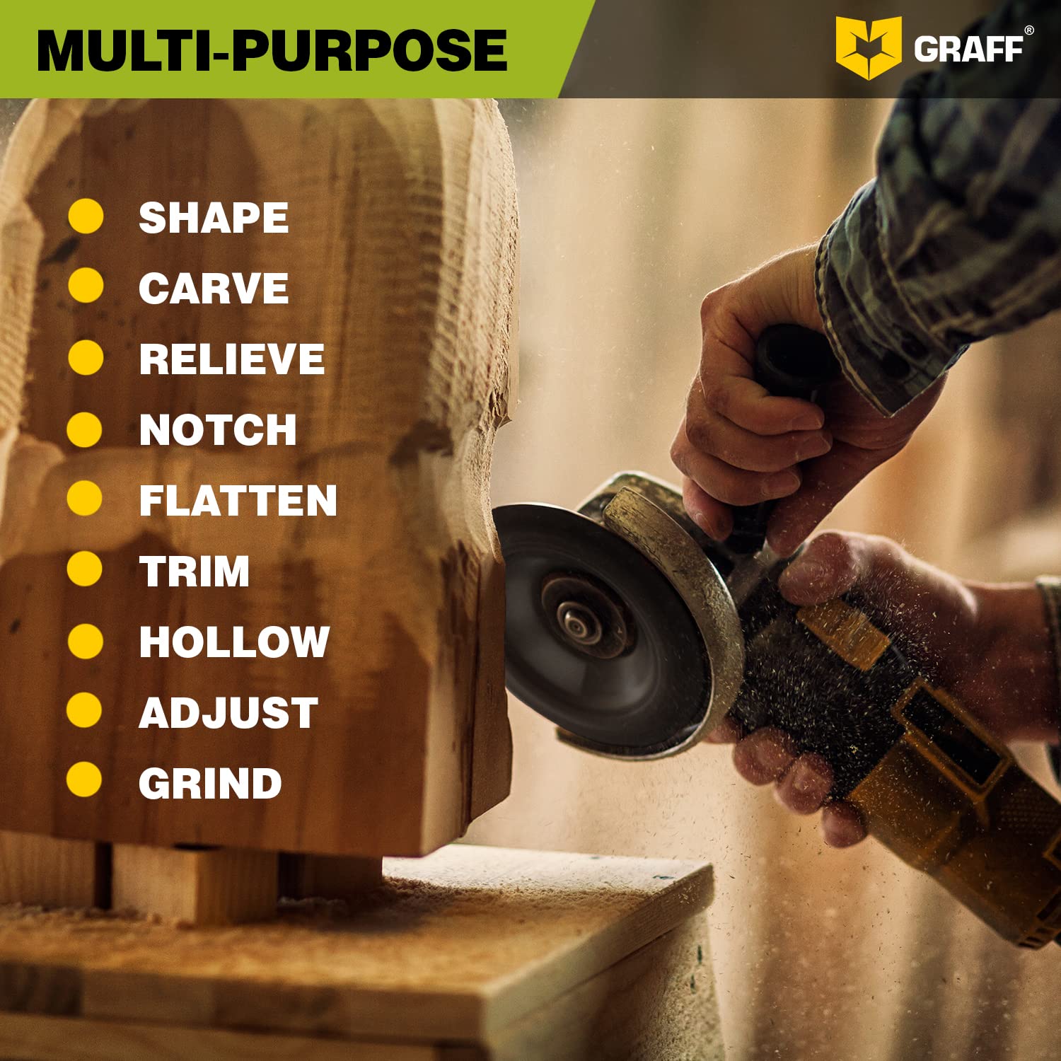 GRAFF Premium Wood Carving Disc 4 Inch for Angle Grinder – Set Shaping and Grinding Wheel for Wood, Softwood, Hardwood – Woodworking Angle Grinder Attachment with 7/8" – 5/8" Arbor - Image 8