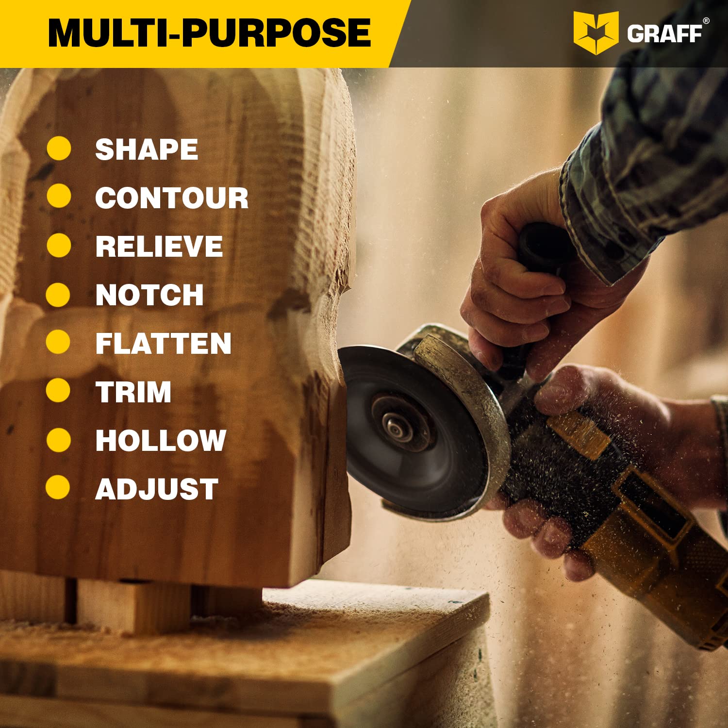 GRAFF Premium Wood Carving Disc 4 Inch for Angle Grinder – Shaping and Grinding Wheel for Wood, Softwood, Hardwood – Woodworking Angle Grinder Attachment with 7/8" – 5/8" Arbor - Image 8