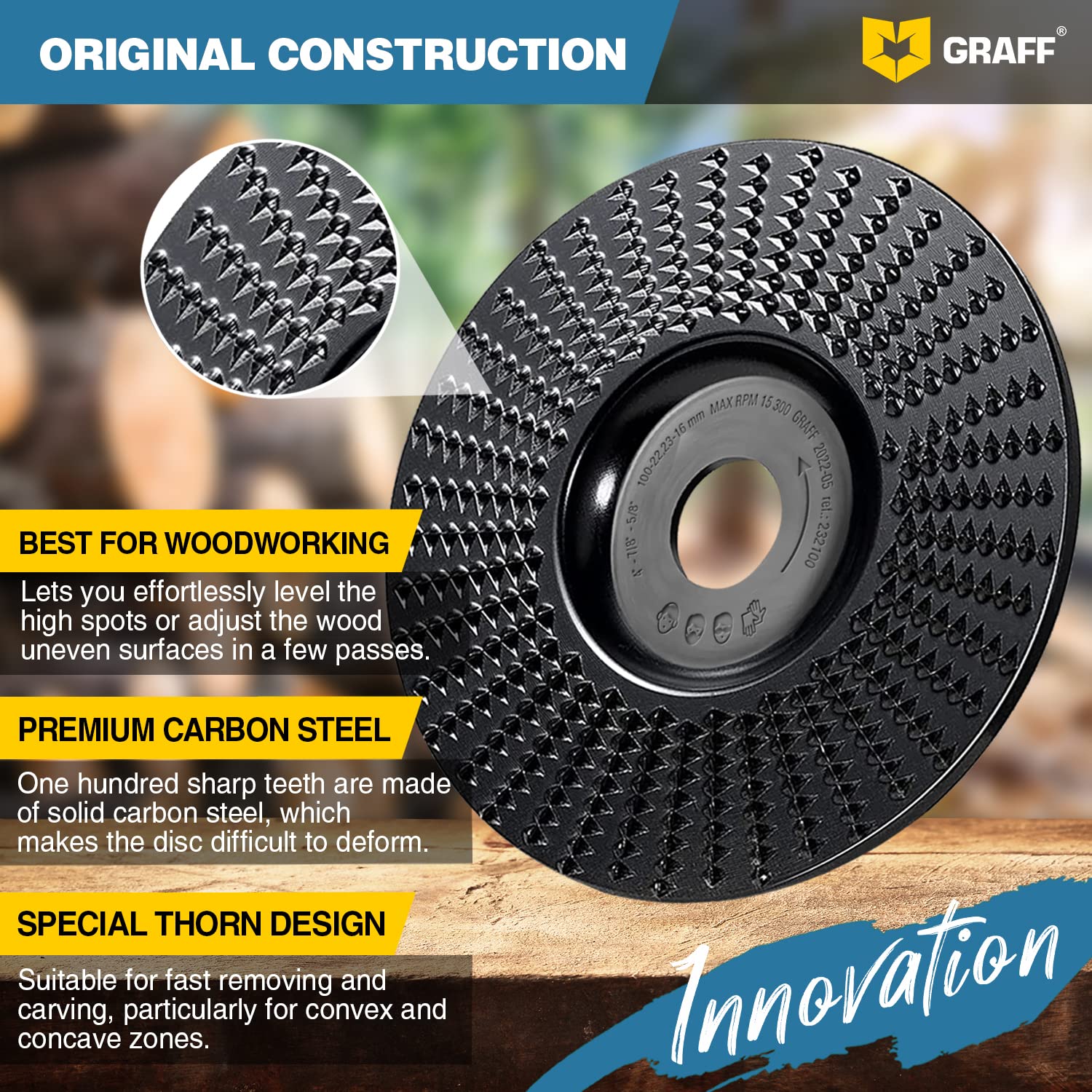 GRAFF Premium Wood Carving Disc 4 Inch for Angle Grinder – Shaping and Grinding Wheel for Wood, Softwood, Hardwood – Woodworking Angle Grinder Attachment with 7/8" – 5/8" Arbor - Image 4