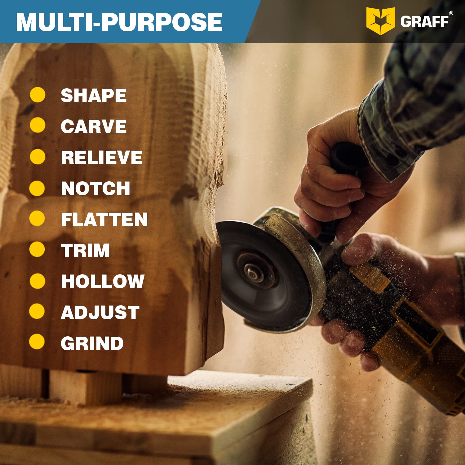GRAFF Premium Wood Carving Disc 4 1/2 Inch for Angle Grinder – Shaping and Grinding Wheel for Wood, Softwood, Hardwood – Woodworking Angle Grinder Attachment with 7/8" – 5/8" Arbor - Image 8