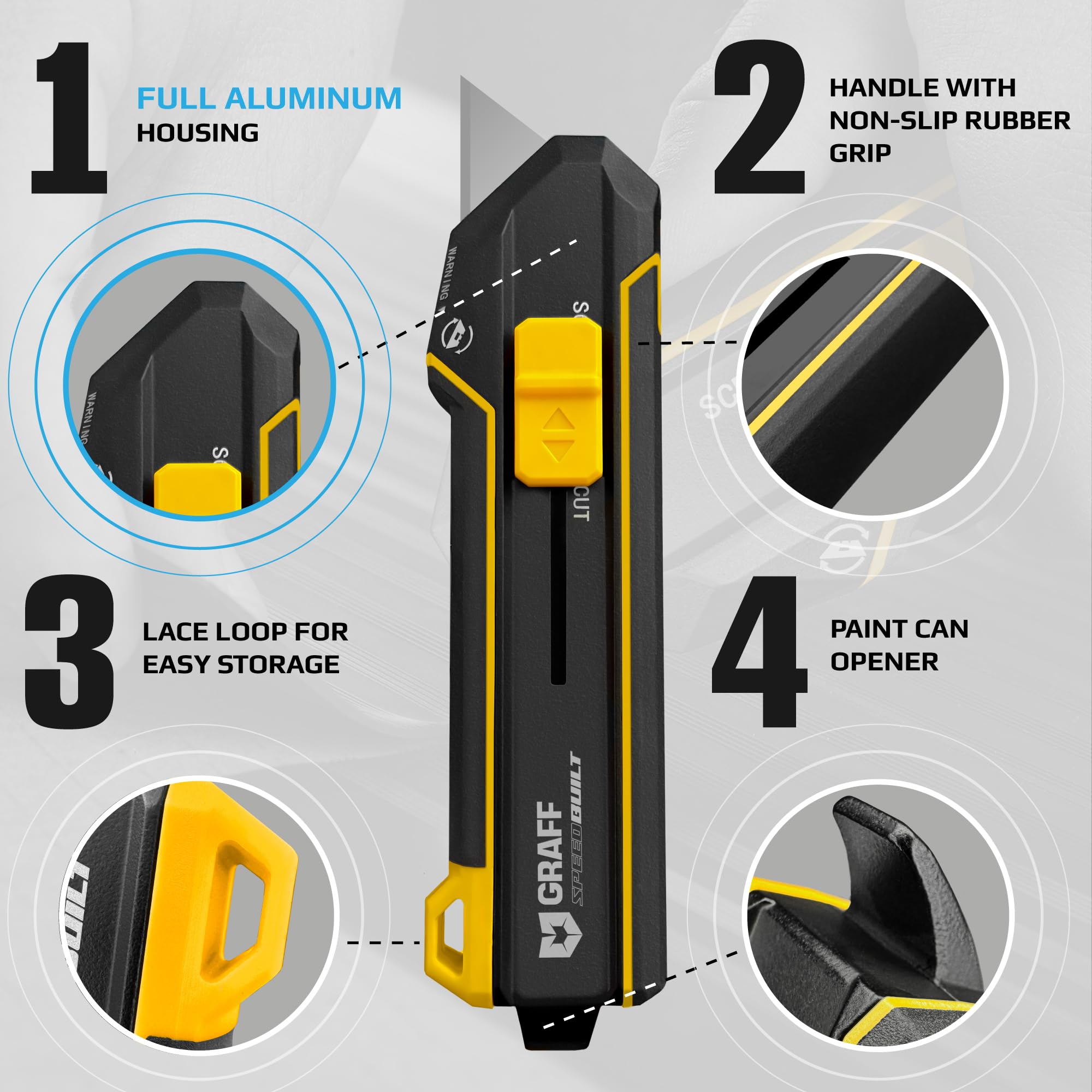 Scraper Utility Knife 4-in-1 Heavy Duty – Retractable Box Cutter, Folding Knife & Scraper Knife – SK5 Carbon Steel Trapezoidal Blades – Carpet & Drywall Cutter with 5 Extra Blades GRAFF - Image 4