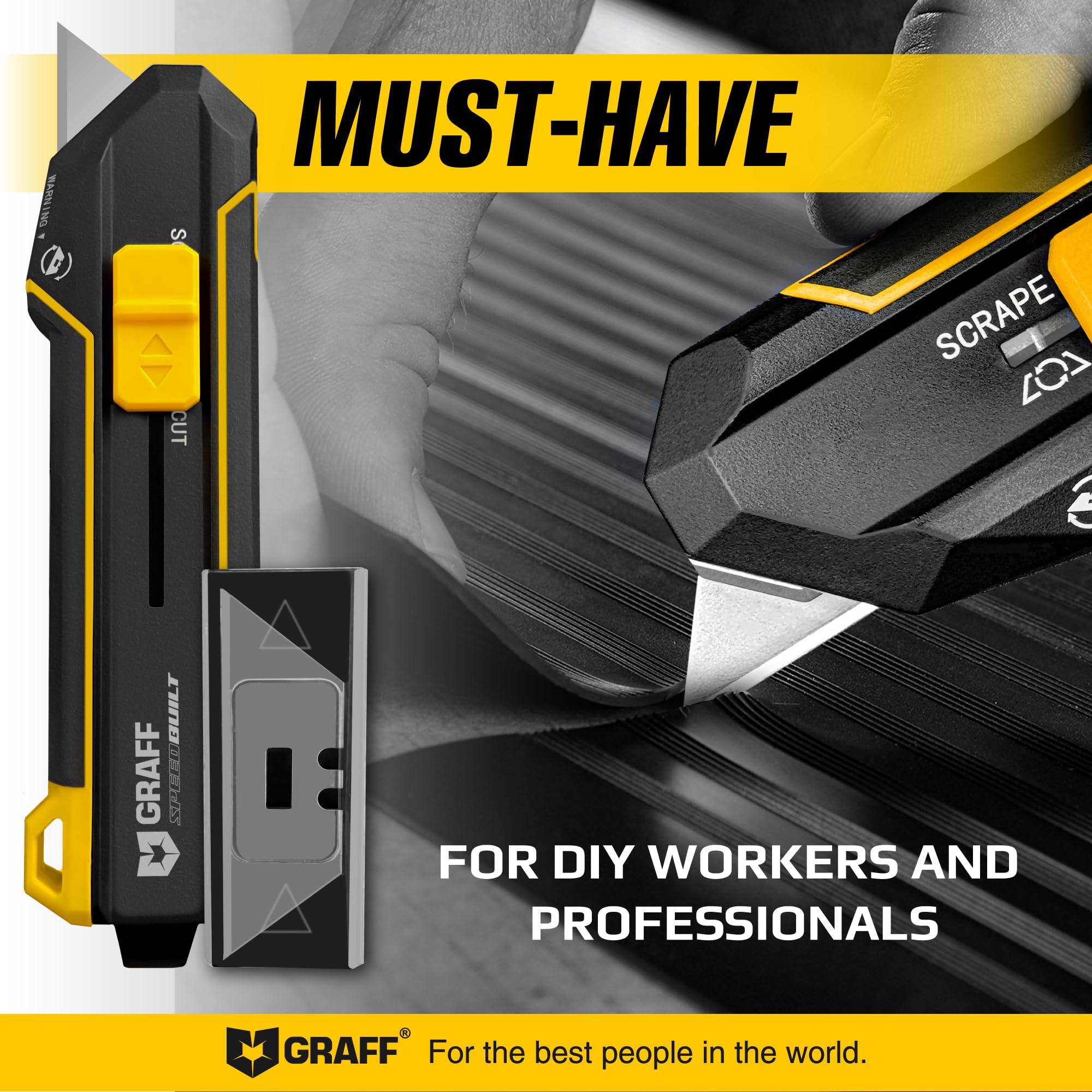 Scraper Utility Knife 4-in-1 Heavy Duty – Retractable Box Cutter, Folding Knife & Scraper Knife – SK5 Carbon Steel Trapezoidal Blades – Carpet & Drywall Cutter with 5 Extra Blades GRAFF - Image 7
